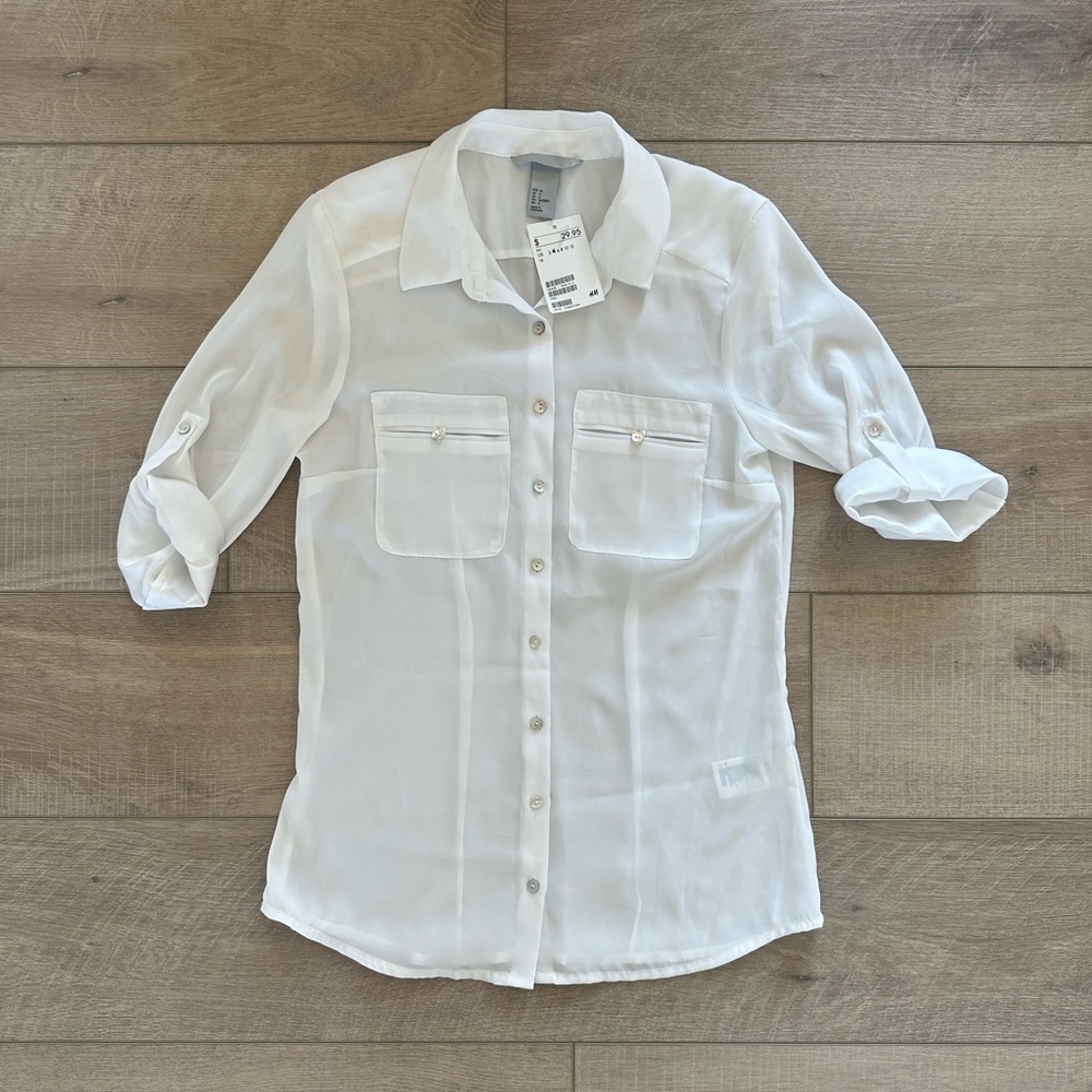 H&M Sheer White Button Down Top